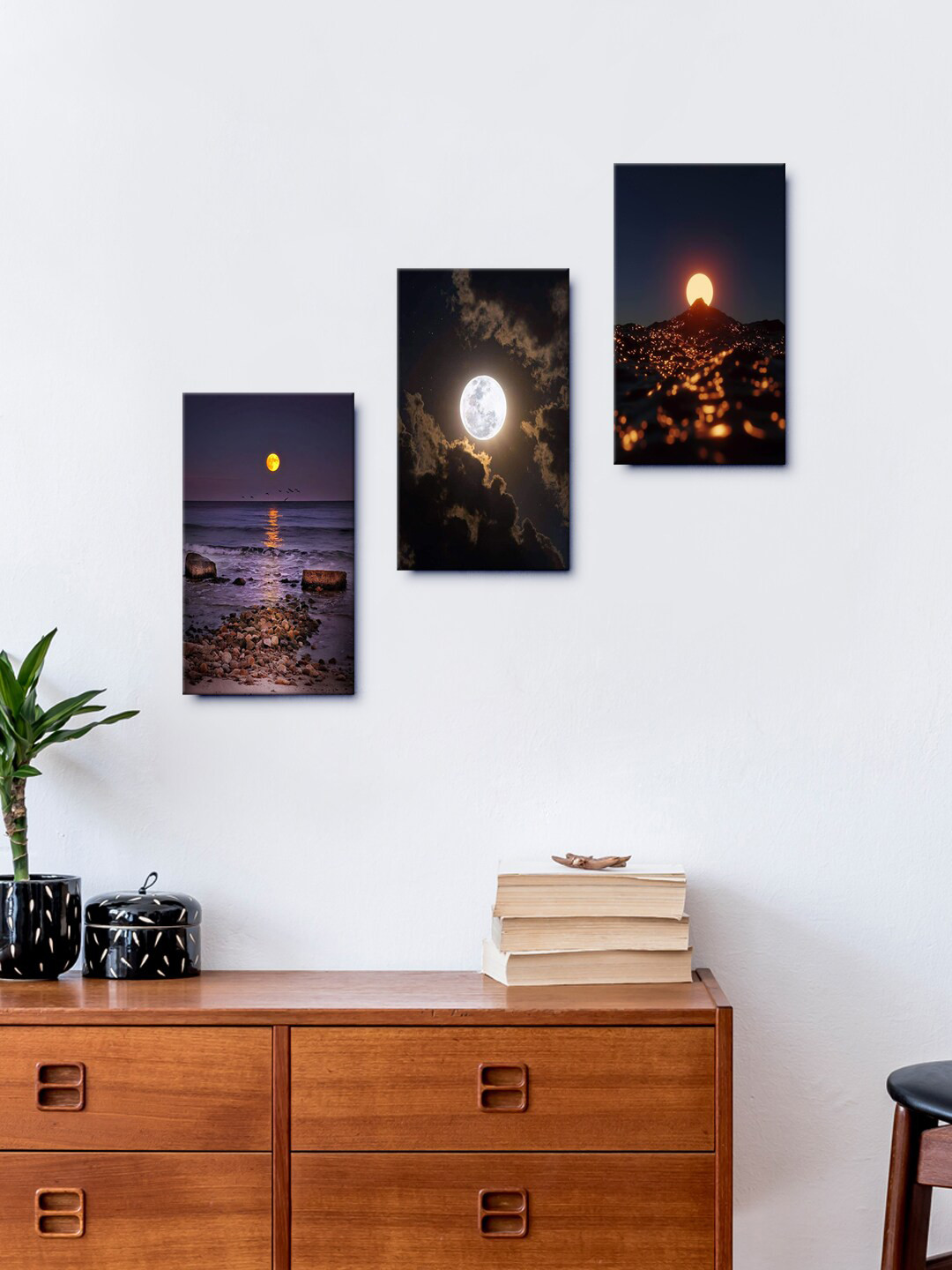 999Store Grey & Black Set Of 3 Beautiful Moon Over The Sea Wall Painting Frames