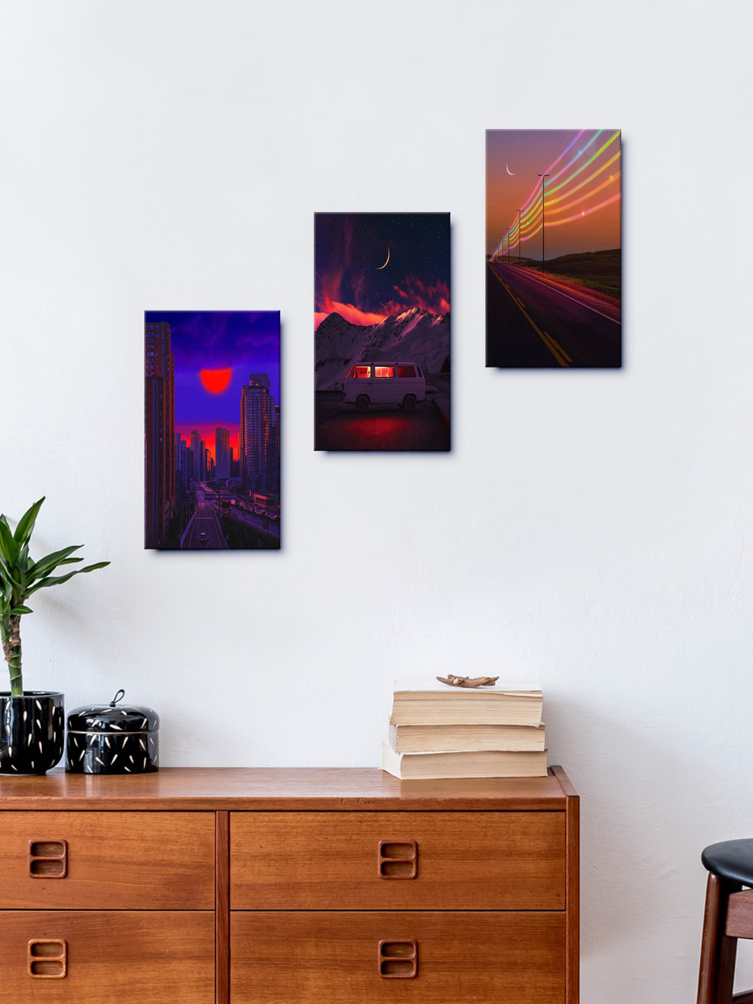 999Store Brown & Blue Set of 3 Mountain View And Beautiful City Wall Painting Frames