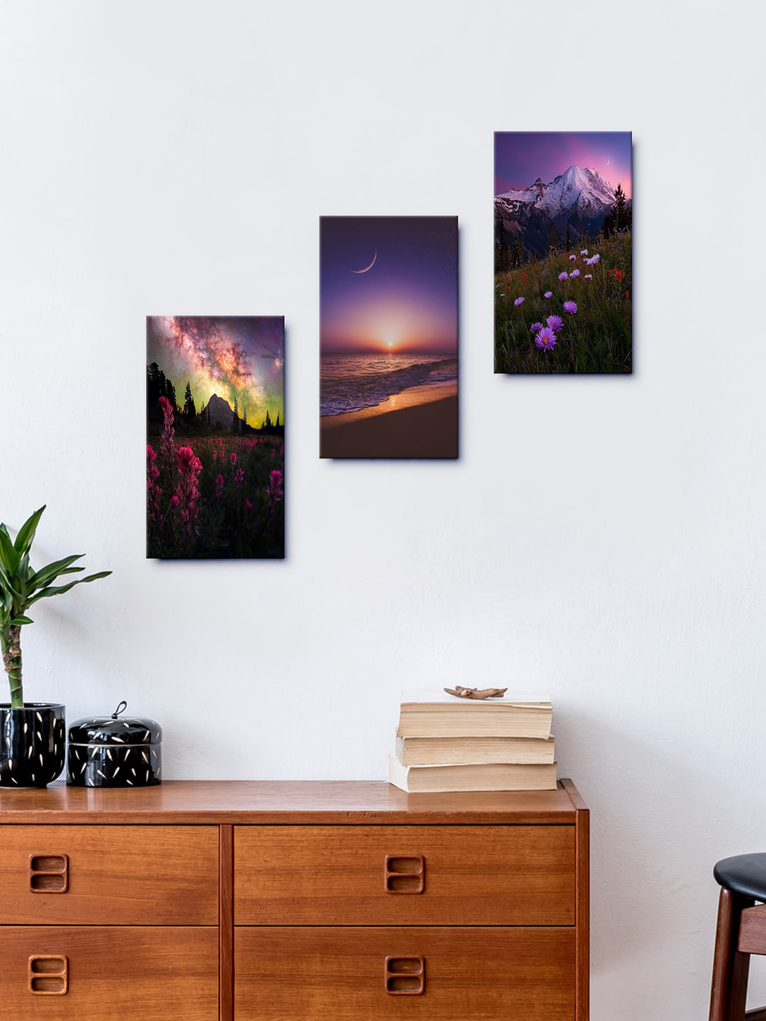 999Store Set Of 3 Mountain View Over Moon Light Painting Framed Wall Art