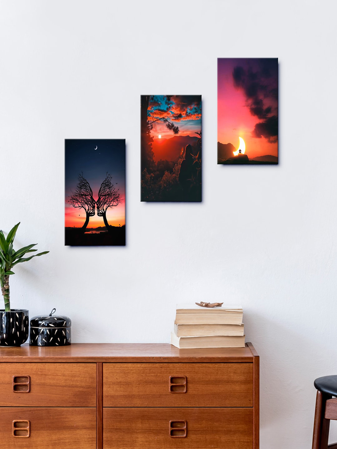 999Store Sun Set Tree MDF 3 Piece Wall Rectangle Paintings Wall Art -15 x 8 In