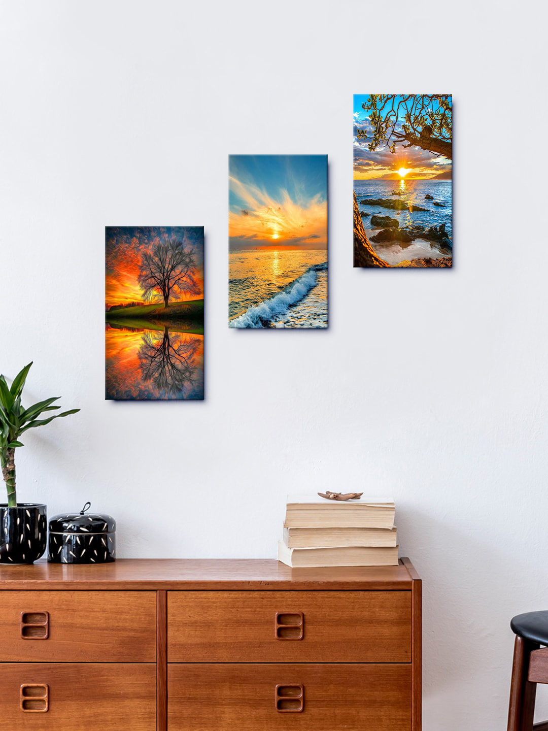 999Store Multi Set Of 3 Beach Sunset With Trees Wall Painting