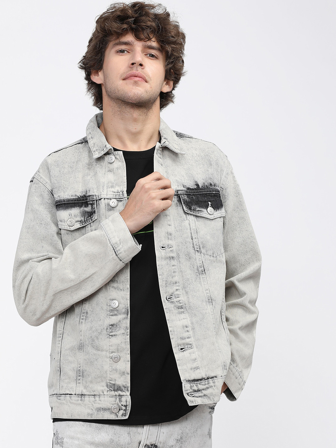 HIGHLANDER Men Grey Washed  Denim Jacket