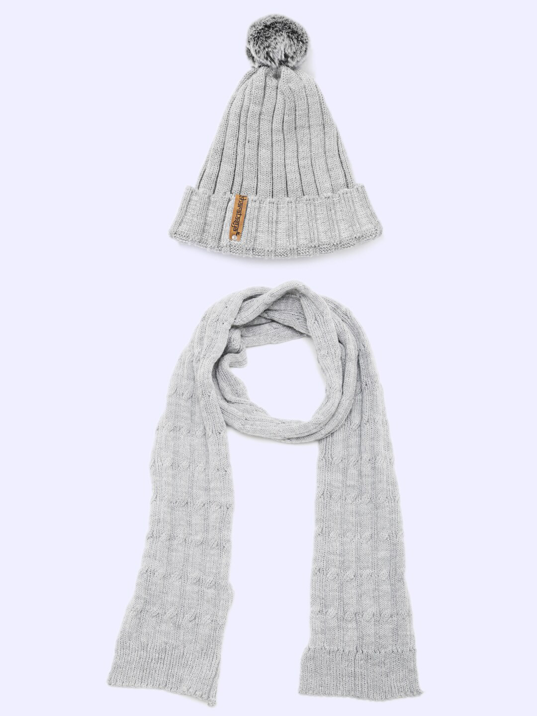 Bharatasya Woman Grey Pom-Pom Cap and Muffler