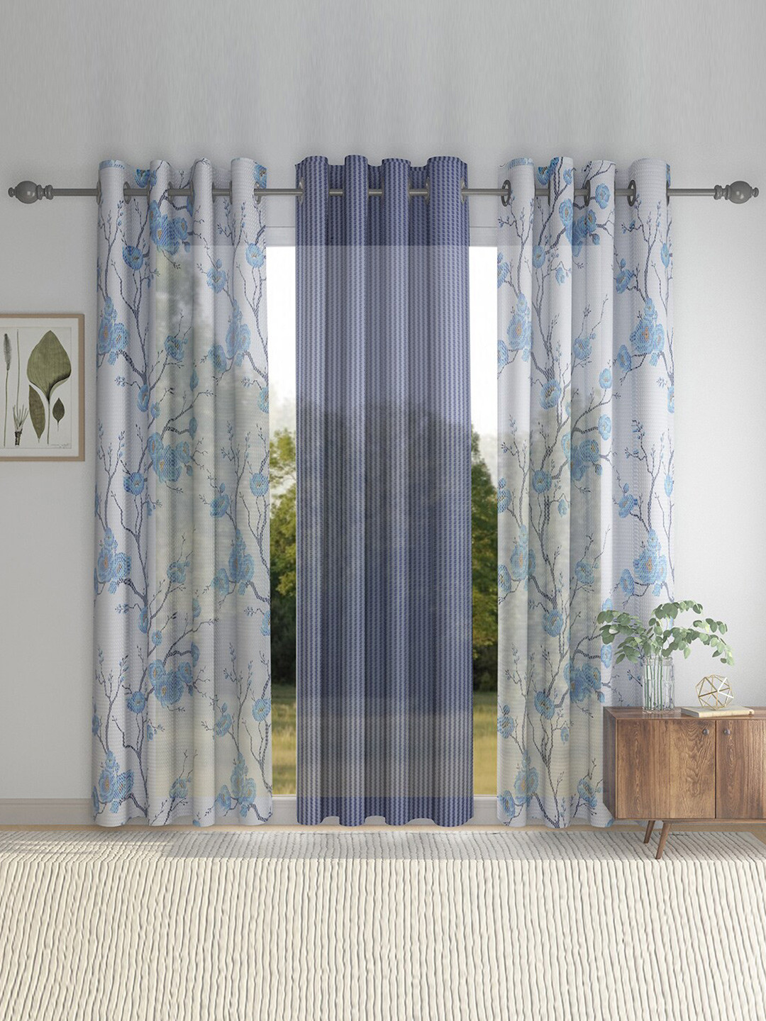 HOSTA HOMES Set Of 3 Blue & White Floral Printed Long Door Curtain
