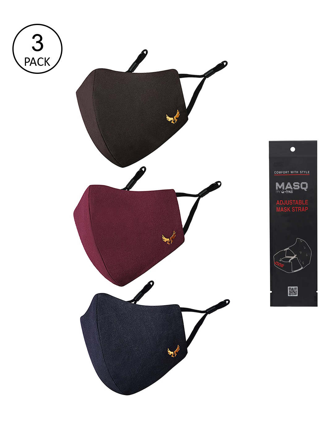 MASQ Men Pack Of 3 Solid 4-Ply Reusable Pure Cotton Cloth Masks