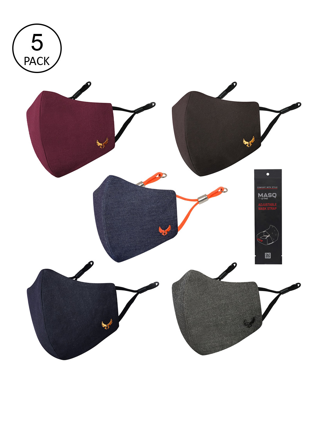 MASQ Men Pack Of 5 Solid 4-Layer Protection Pure Cotton Cloth Masks