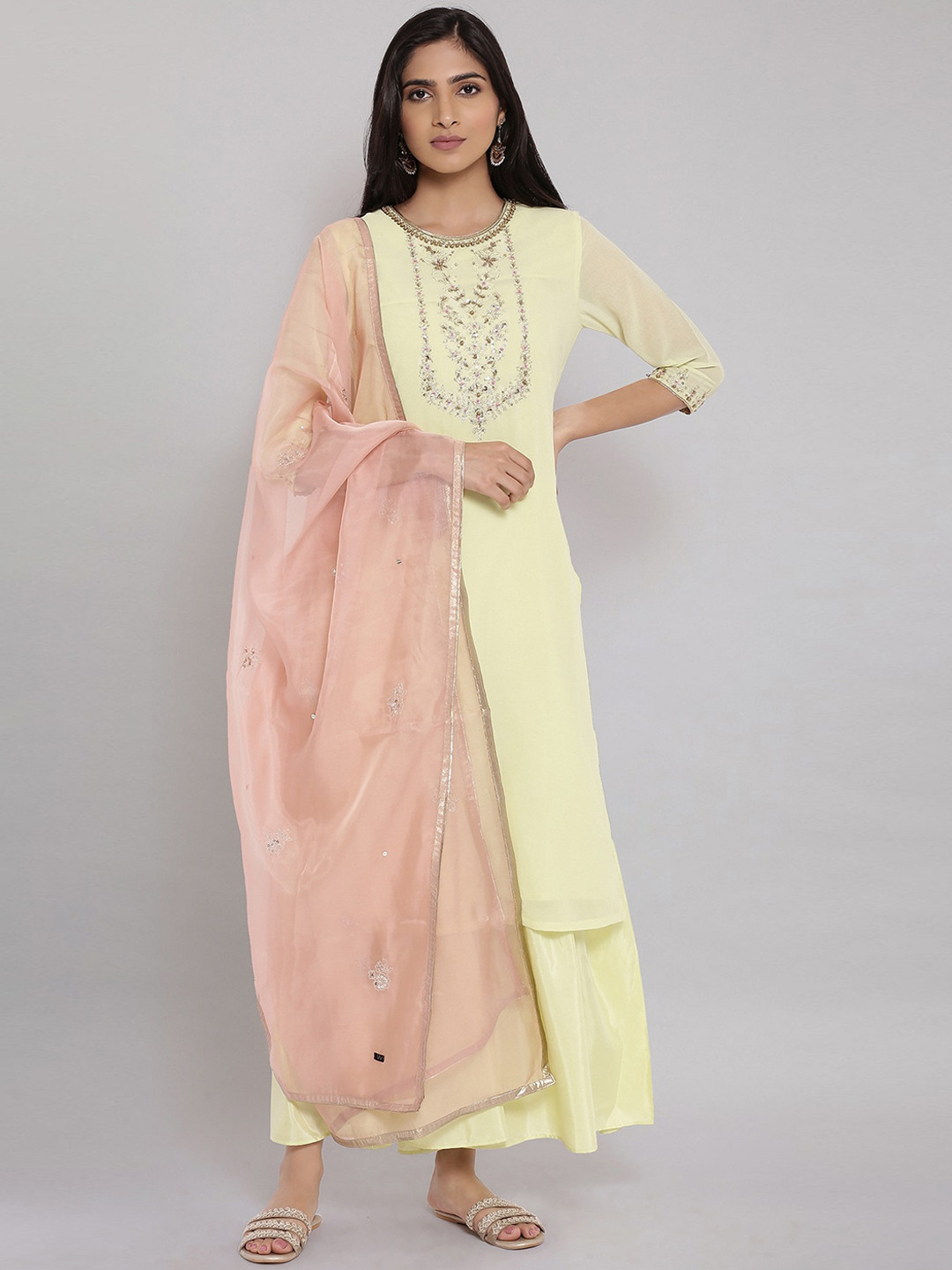 WISHFUL Women Lime Green & Pink Yoke Design Thread Work Kurta with Sharara & Dupatta