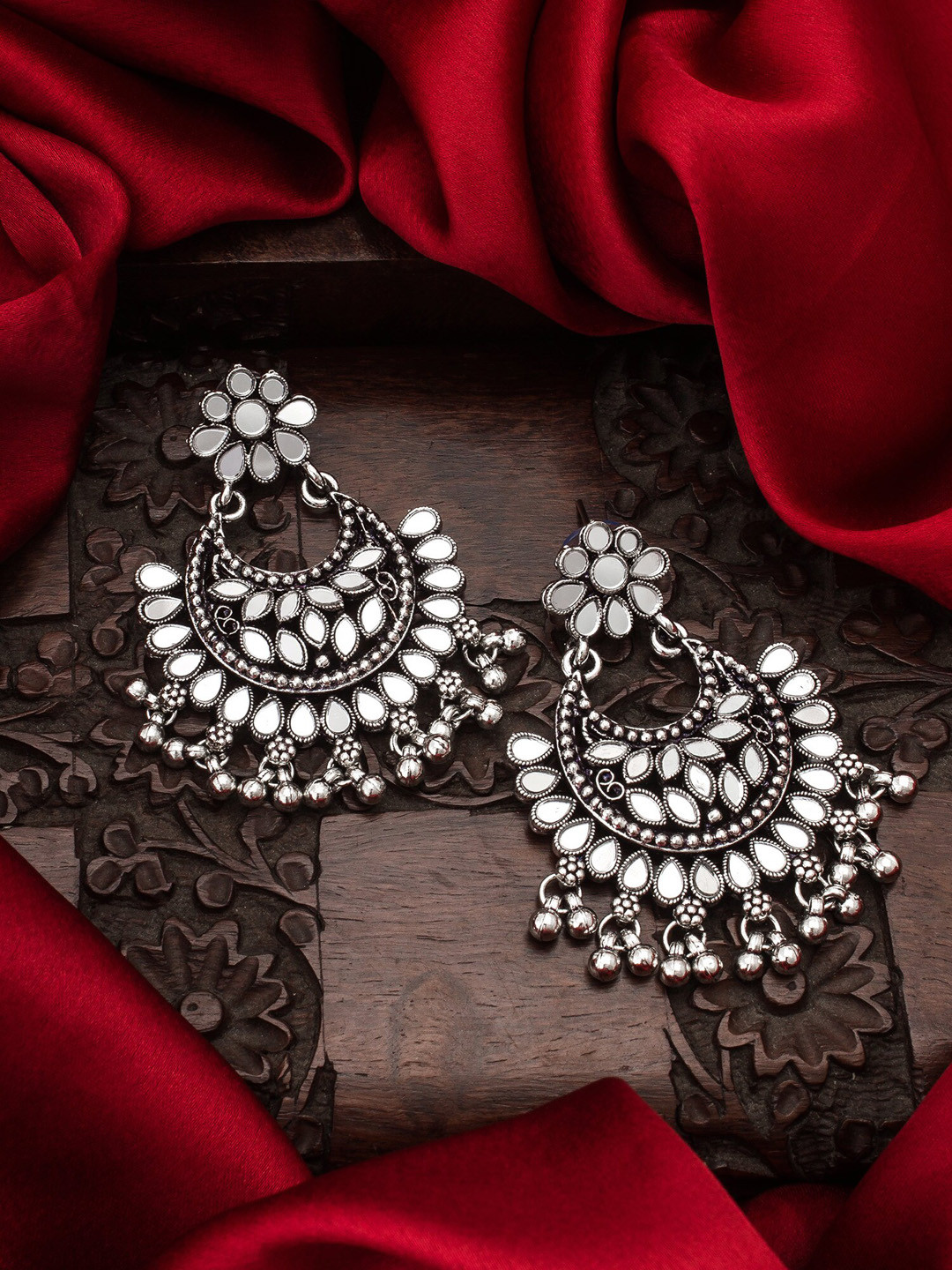aadita Silver-Toned & Plated Oval AD-Studded Chandbalis Mirror Earrings