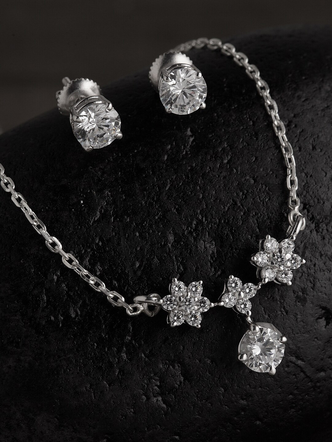 Clara Silver-Toned & Rhodium-Plated CZ-Studded Lily Jewellery Set