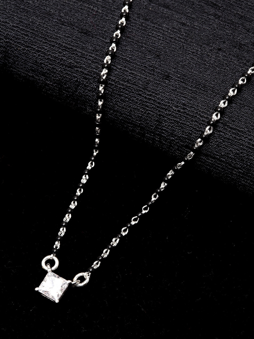 Clara Rhodium Plated White Stone Studded & Black Beadded Square Mangalsutra