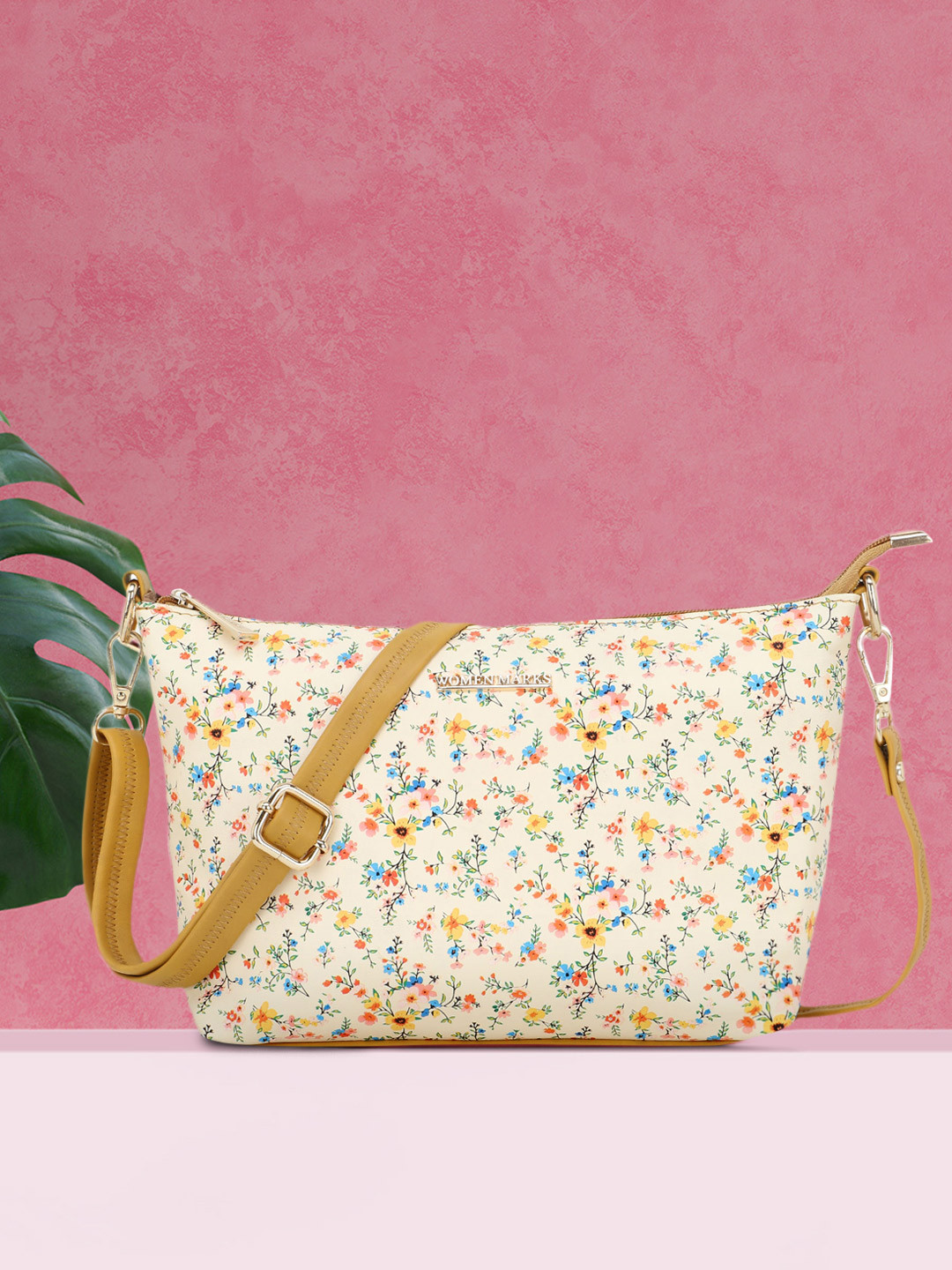 WOMEN MARKS Yellow & Pink Floral Printed PU Structured Sling Bag