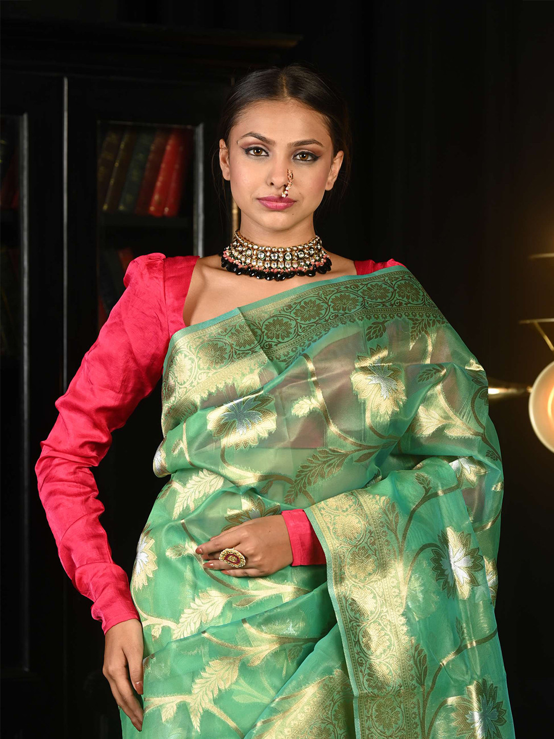 KARAGIRI Green & Gold-Coloured Floral Woven Zari Organza Saree