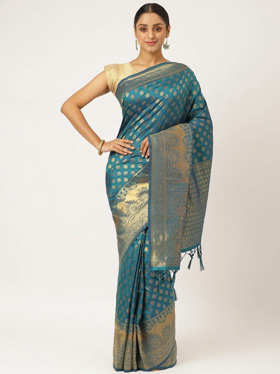 KARAGIRI Blue & Gold-Toned Ethnic Motifs Zari Silk Blend Banarasi Saree