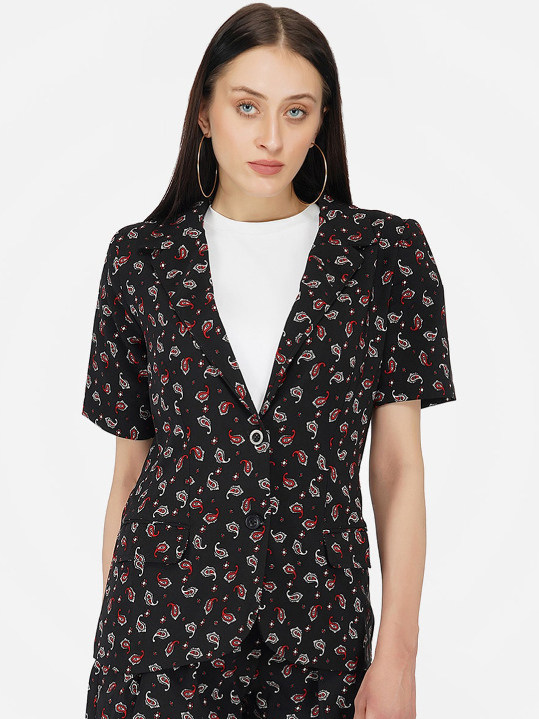 KLAS NOBL Women Black & Red Paisley Printed Single-Breasted Casual Blazer