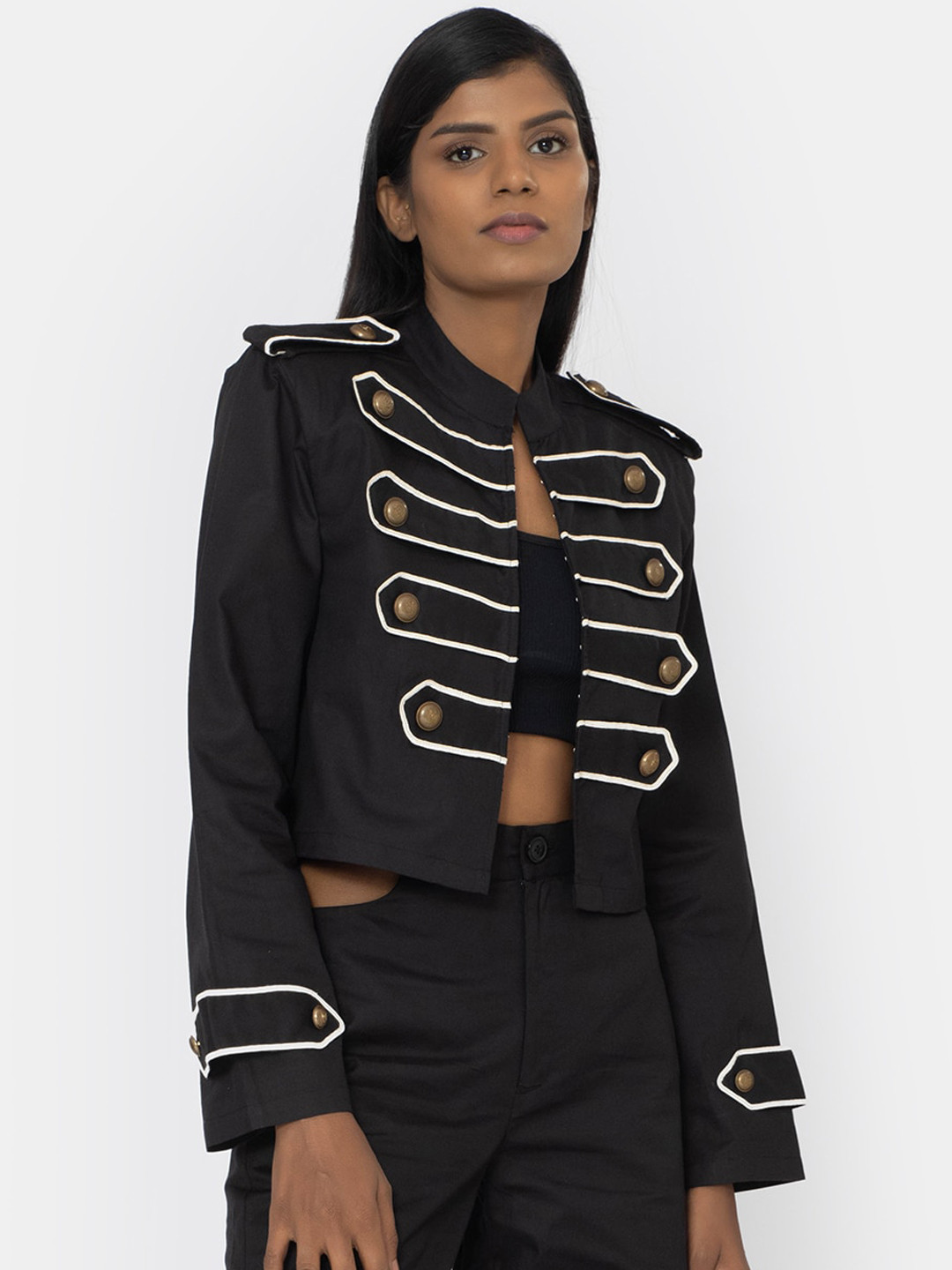 KLAS NOBL Women Black & White Pure Cotton Tailored Jacket