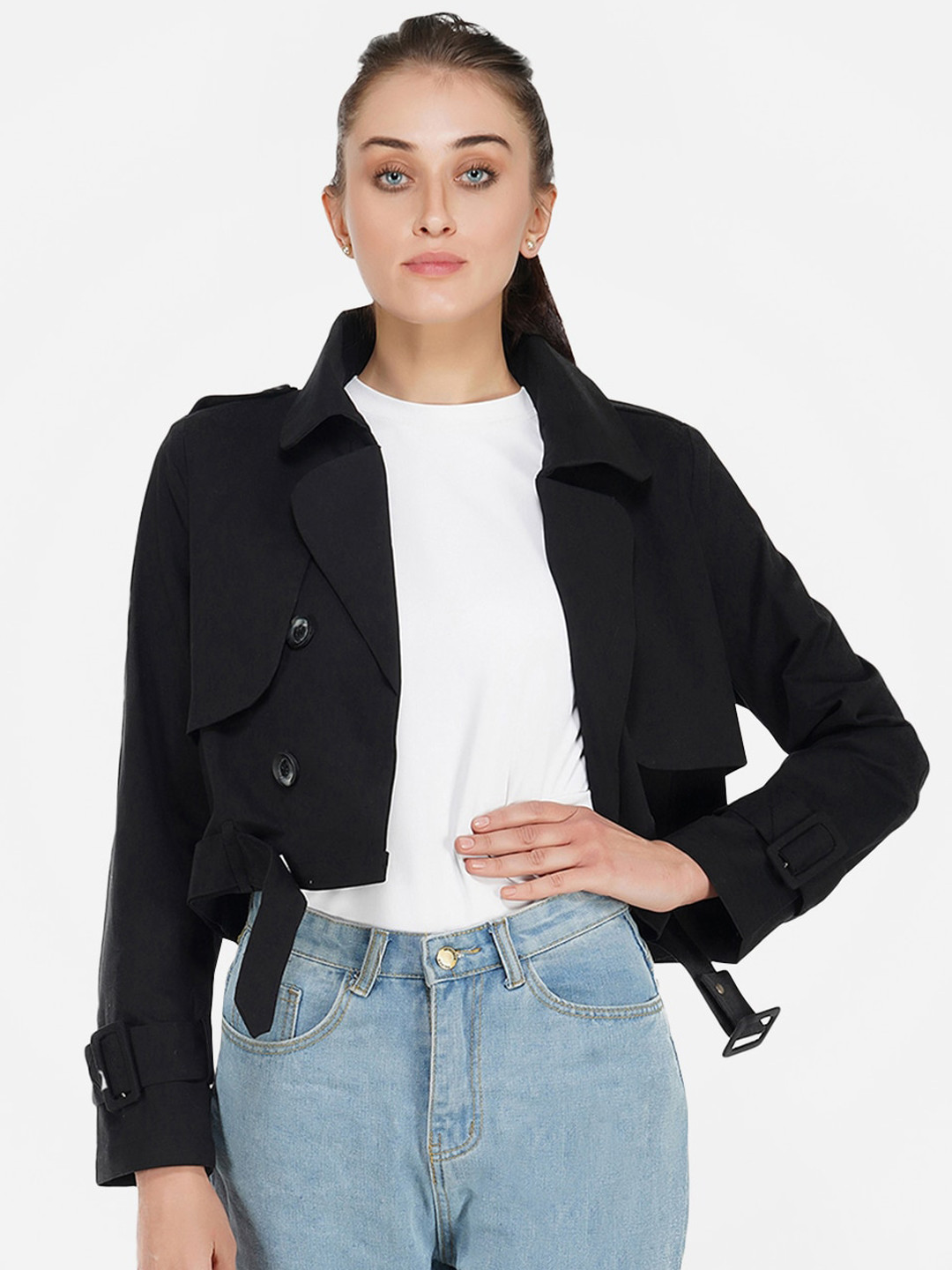 KLAS NOBL Women Black Single Breasted Cropped Trench Coat