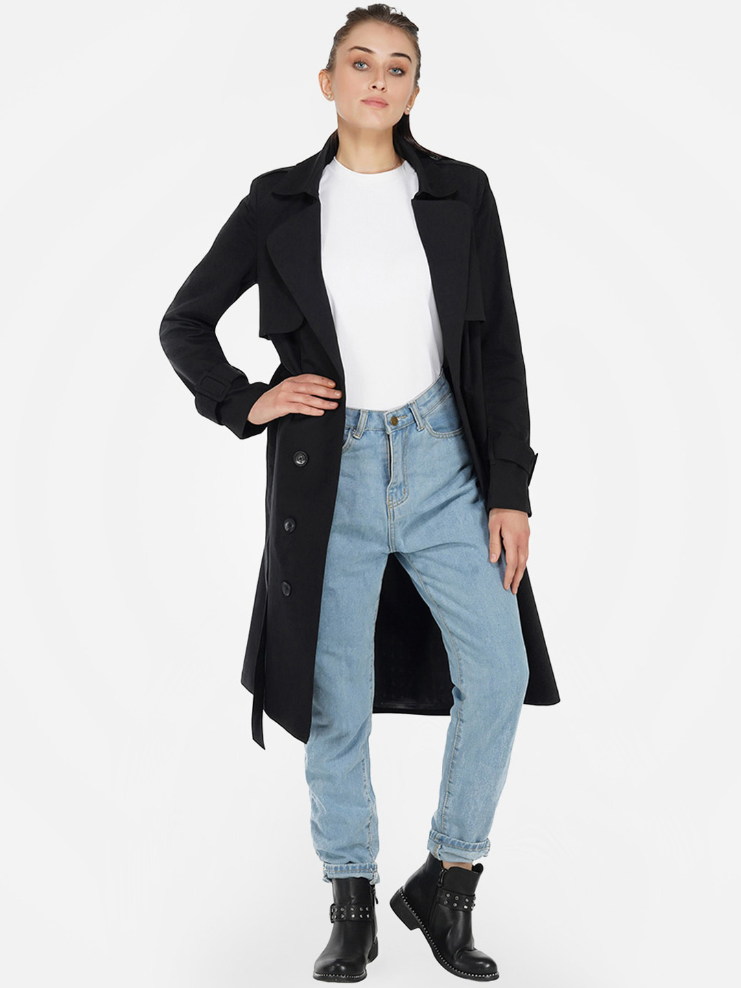 KLAS NOBL Women Black Solid Longline Trench Coat