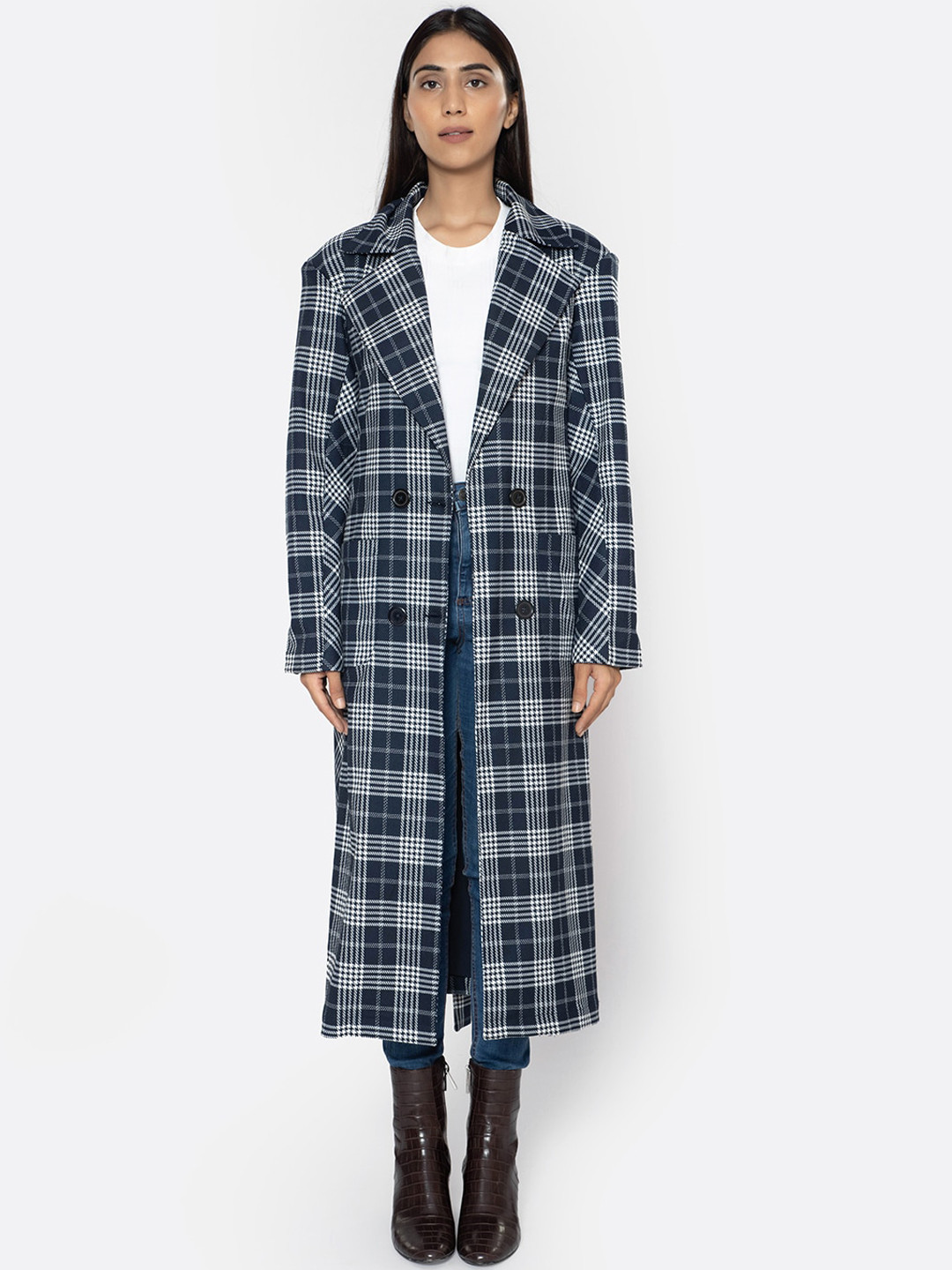 KLAS NOBL Women Navy Blue & White Checked Double Breasted Long Coat