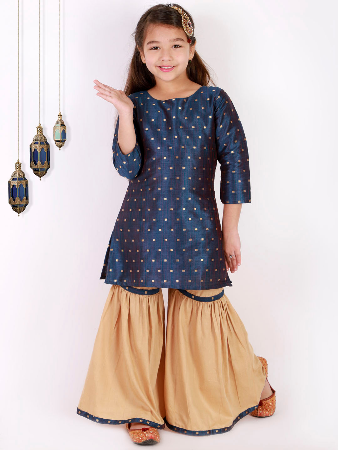 VASTRAMAY Girls Navy Blue & Beige Kurti with Sharara