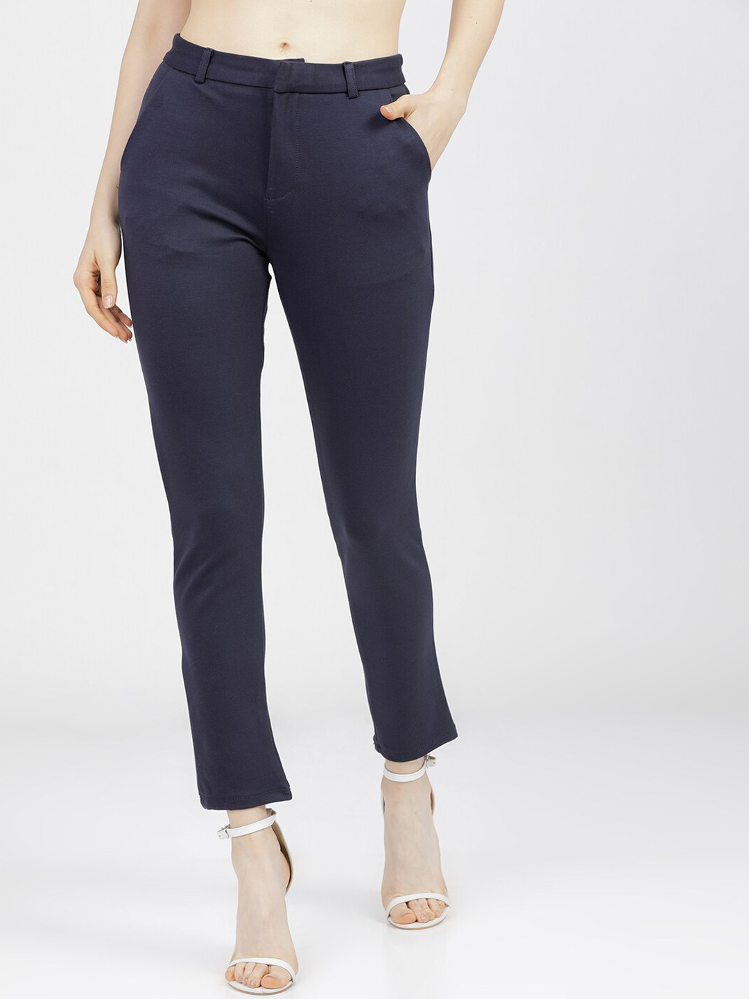 CHIC BY TOKYO TALKIES Women Navy Blue Solid Slim Fit Trousers