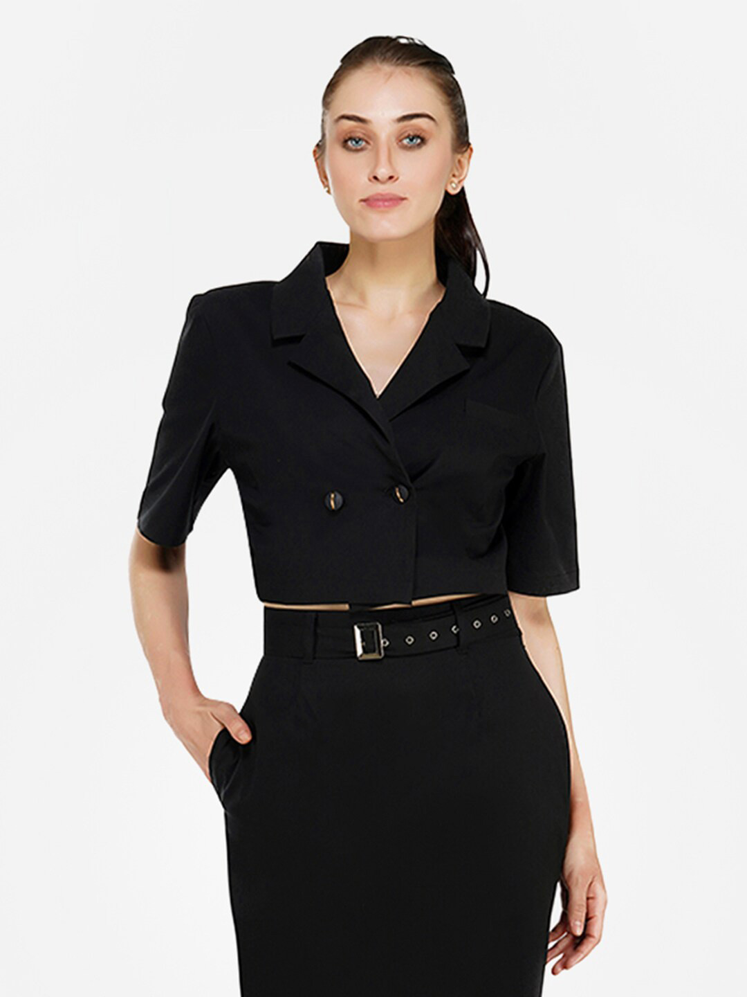 KLAS NOBL Black Notch Lapel Collar Double Breasted Blazer Wrap Crop Top With Pocket Detail