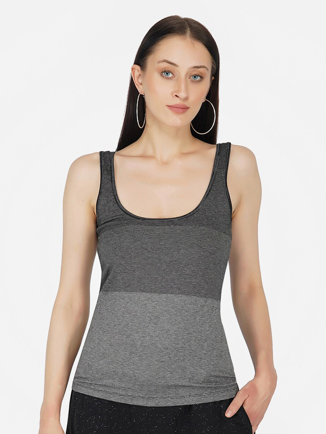 KLAS NOBL Grey Melange Horizontal Stripes Scoop Neck Shoulder Straps Tank Regular Top