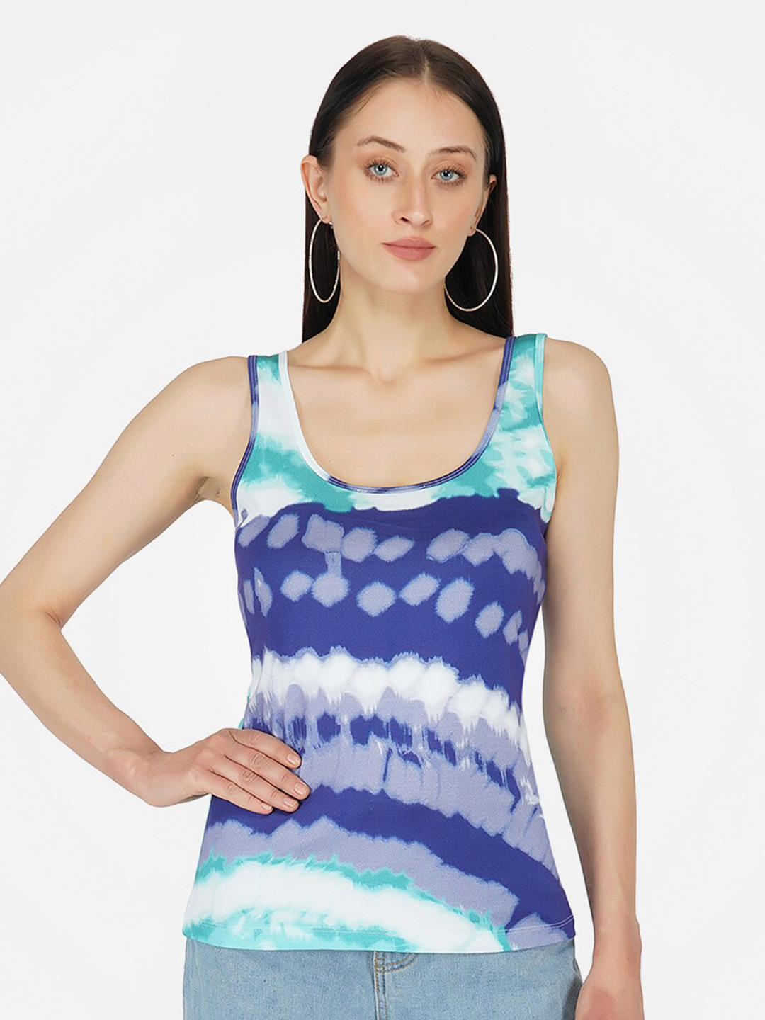 KLAS NOBL Blue Tie & Dye Print Cotton Fitted Tank Top