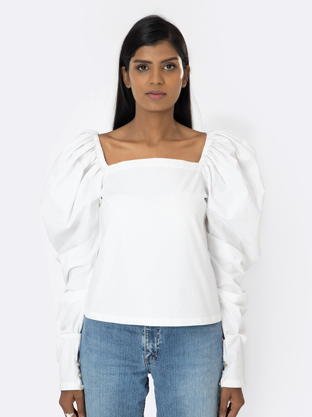 KLAS NOBL White Puff Sleeves Monochrome Pure Cotton Top