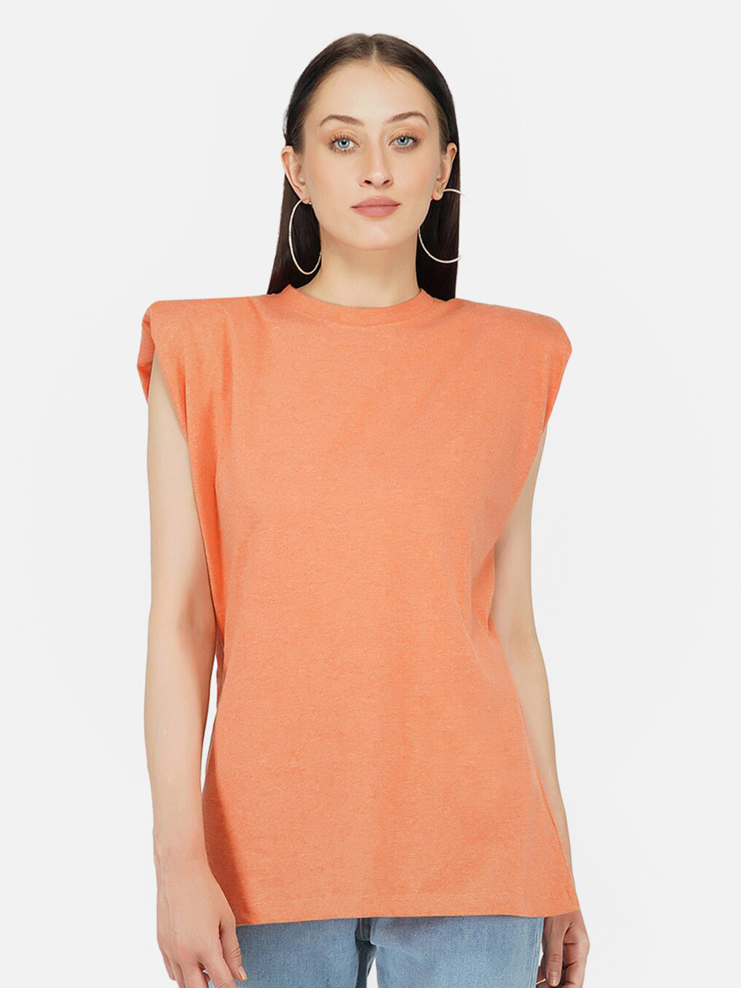 KLAS NOBL Women Orange Solid Round Neck Regular Fit Muscle T-shirt