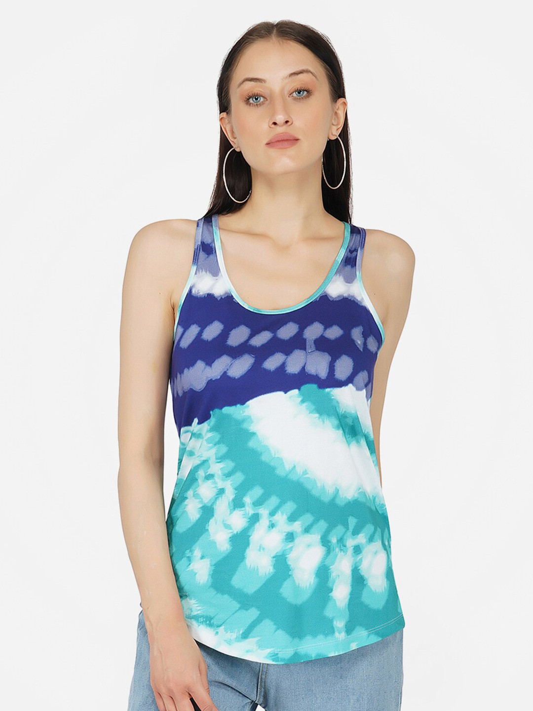 KLAS NOBL Navy Blue & White Tie and Dye Scoop Neck Shoulder Straps Tank Regular Top