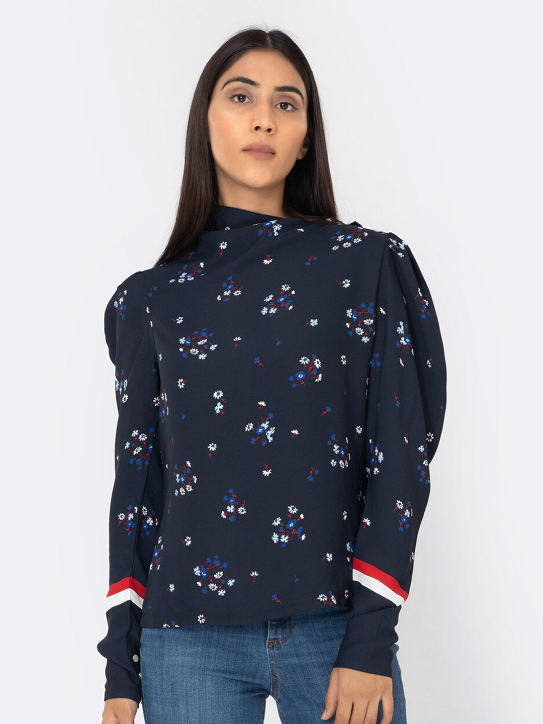 KLAS NOBL Women Navy Blue Floral Print High Neck Top