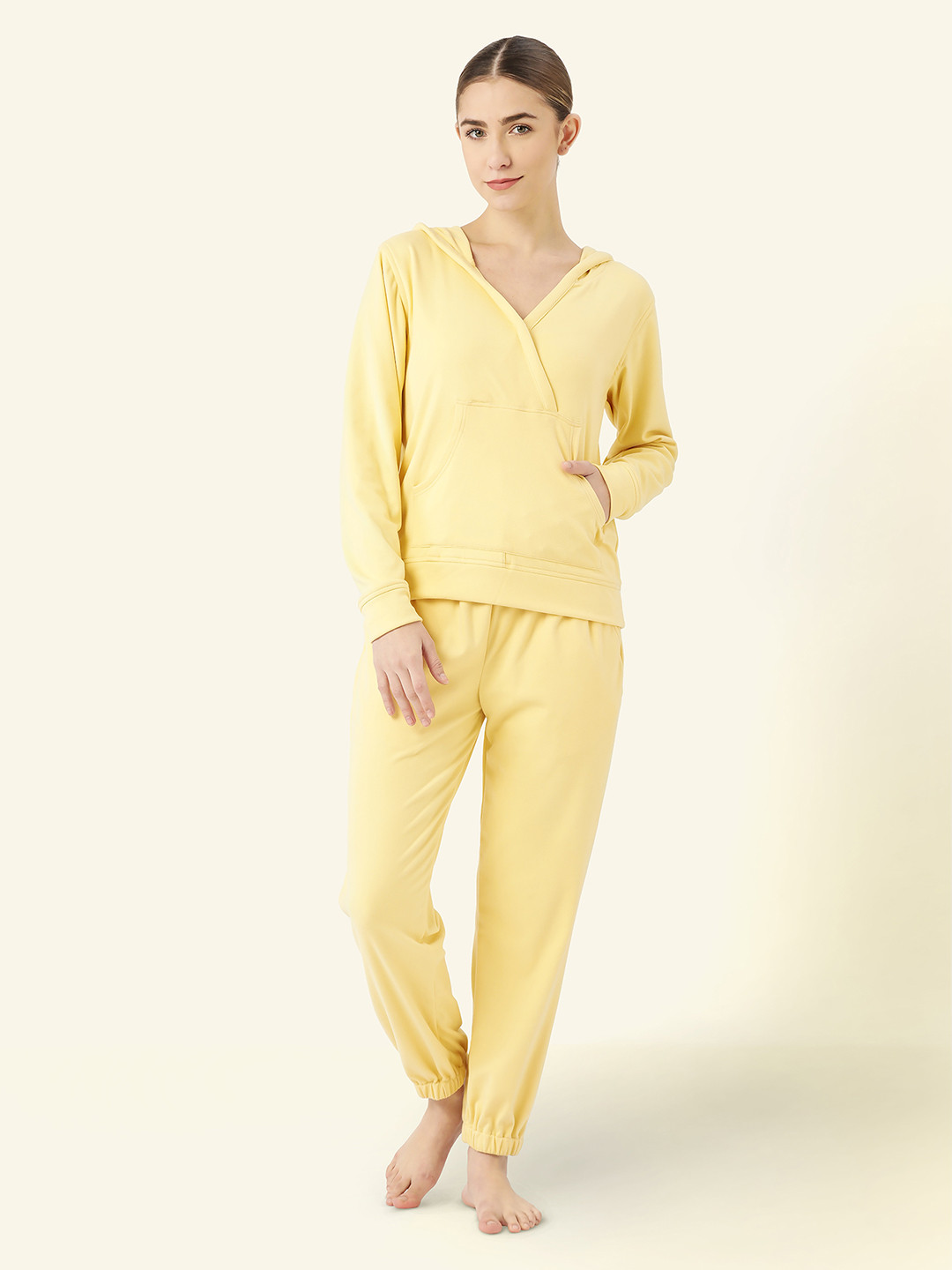 LILL Women Yellow Solid Winter Hoodie with Jogger Co-ord Set