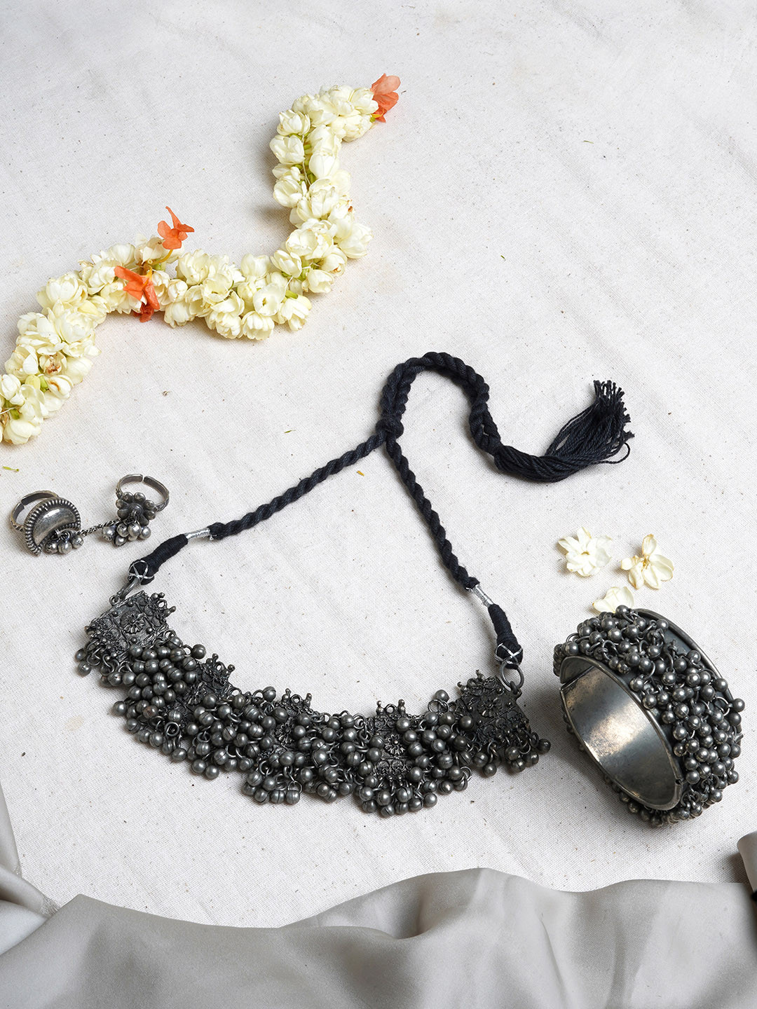 TEEJH Woman Oxidised Silver Ghungroo Jewellery Set