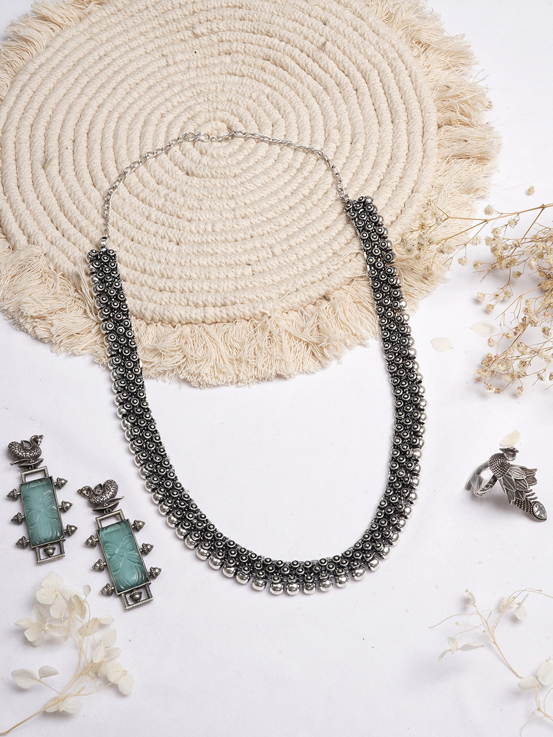 TEEJH Oxidised Silver-Toned & Blue Stone Studded Vijul Jewellery Set