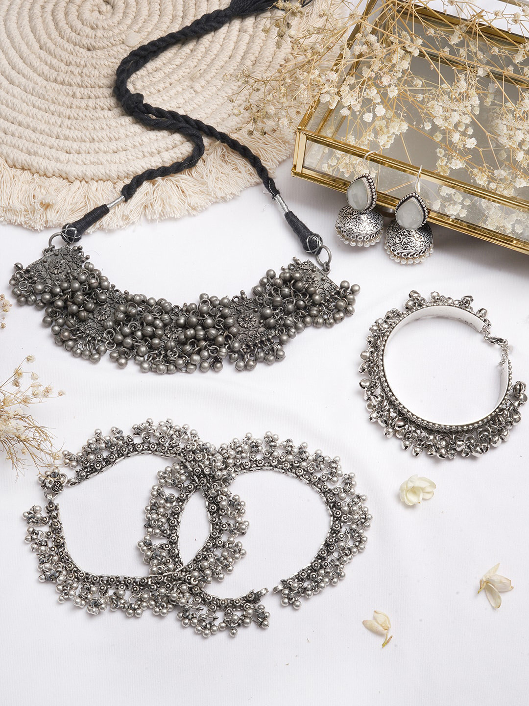 TEEJH Oxidized Silver-Toned & White Stones-Studded Jewelry Set