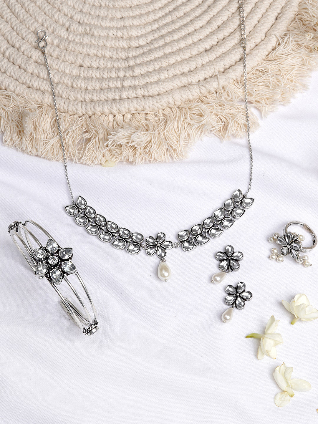 TEEJH Oxidised Silver-Toned & White Stone Studded Jewellery Set