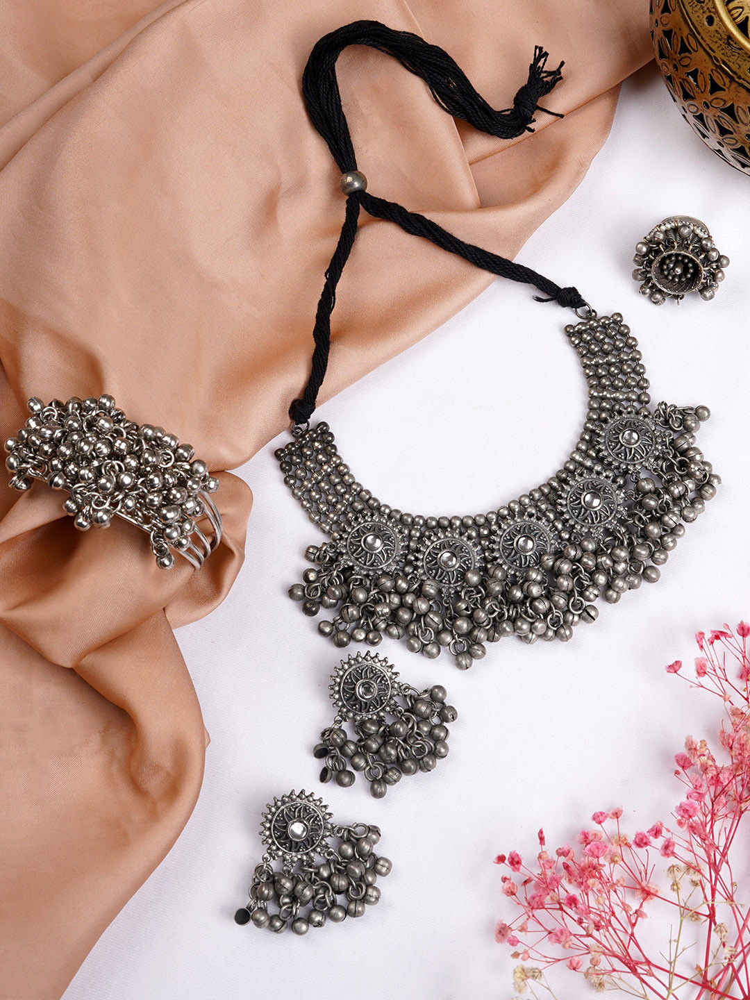 TEEJH Oxidised Silver-Toned & White Stone-Studded Deeher Jewellery Set