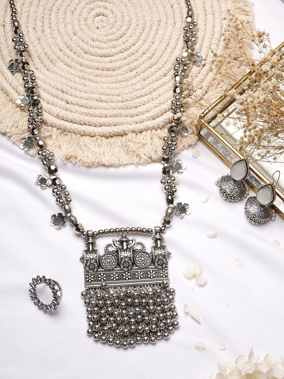 TEEJH Silver-Toned Lumbika Silver Oxidised Jewelery Set