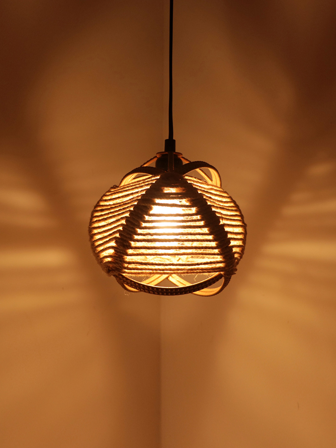 ExclusiveLane Gold-Toned Frame with Jute Rope Iron Hanging Pendant Ceiling Lamp