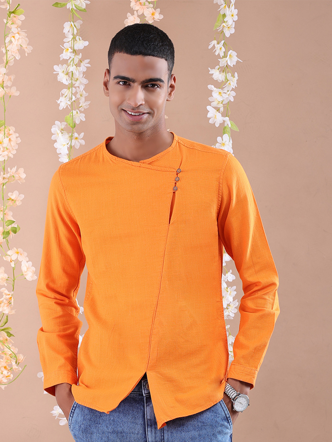 The Indian Garage Co Men Orange Gotta Patti Floral Anarkali Kurta