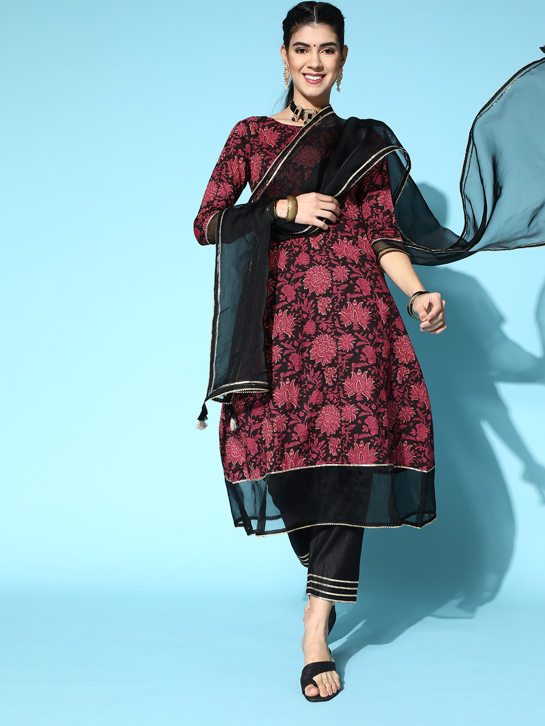 Indo Era Cotton Blend Romantic Florals Kurta Set