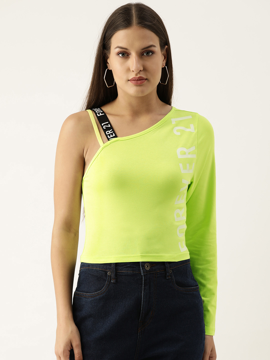 FOREVER 21 Green Printed One Shoulder Top