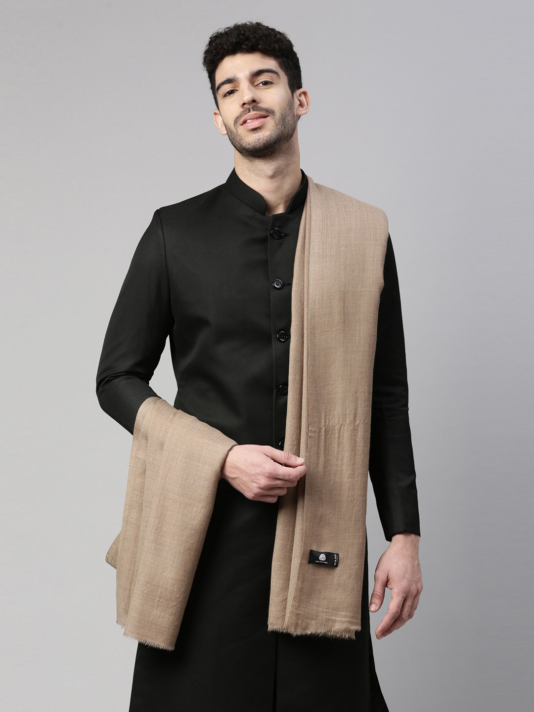 Pashmoda Men Beige Solid Wool Shawl