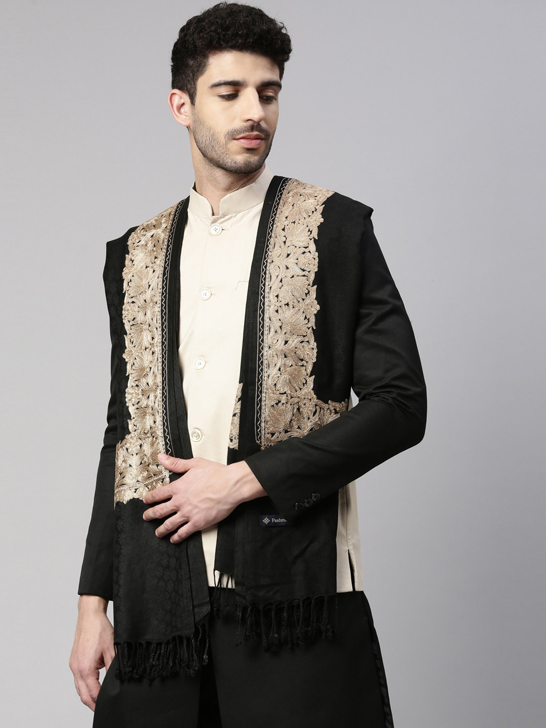 Pashmoda Men Black Aari Embroidered Shawl