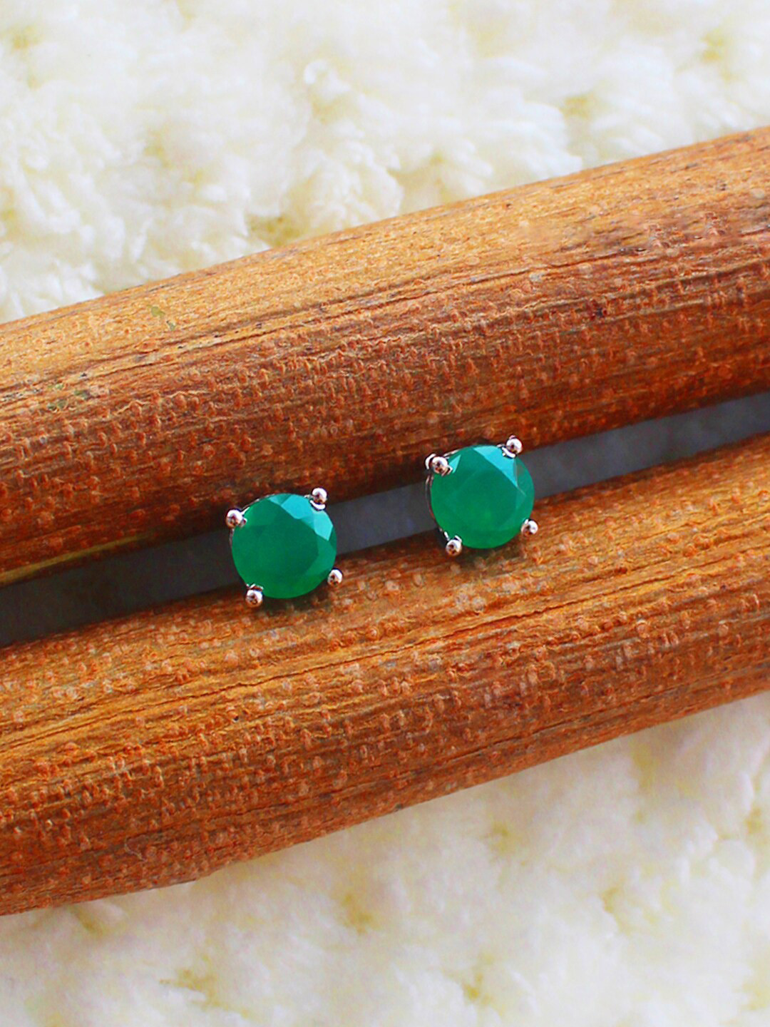 ERILINE JEWELRY Silver-Toned & Green Studs Earrings