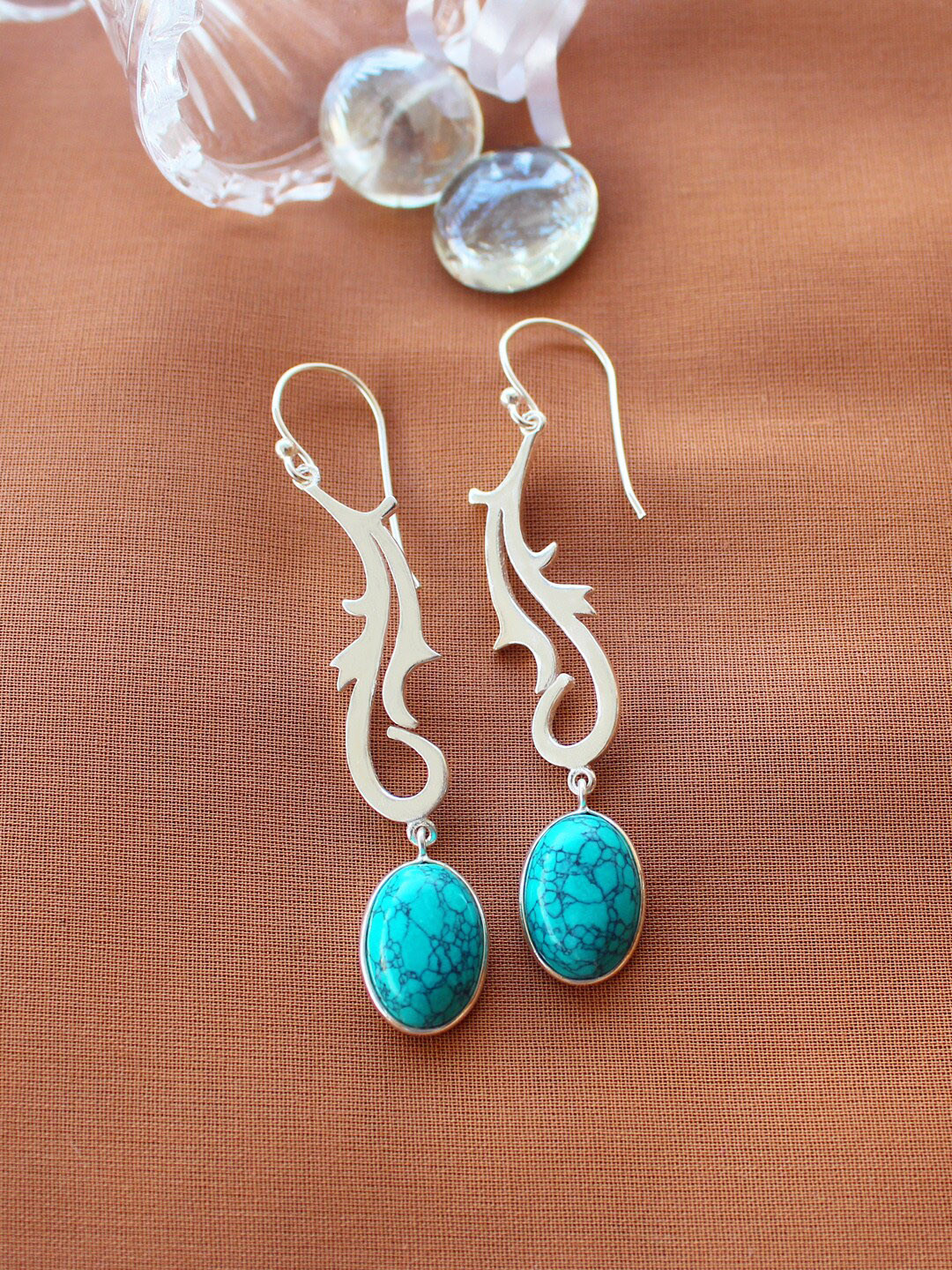 ERILINE JEWELRY 925 Sterling Silver & Turquoise Blue Oval Shaped Drop Earrings