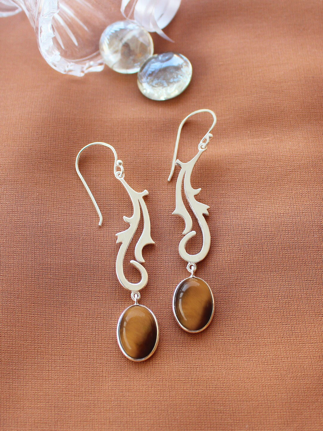 ERILINE JEWELRY Silver-Toned & Brown Drop Earrings