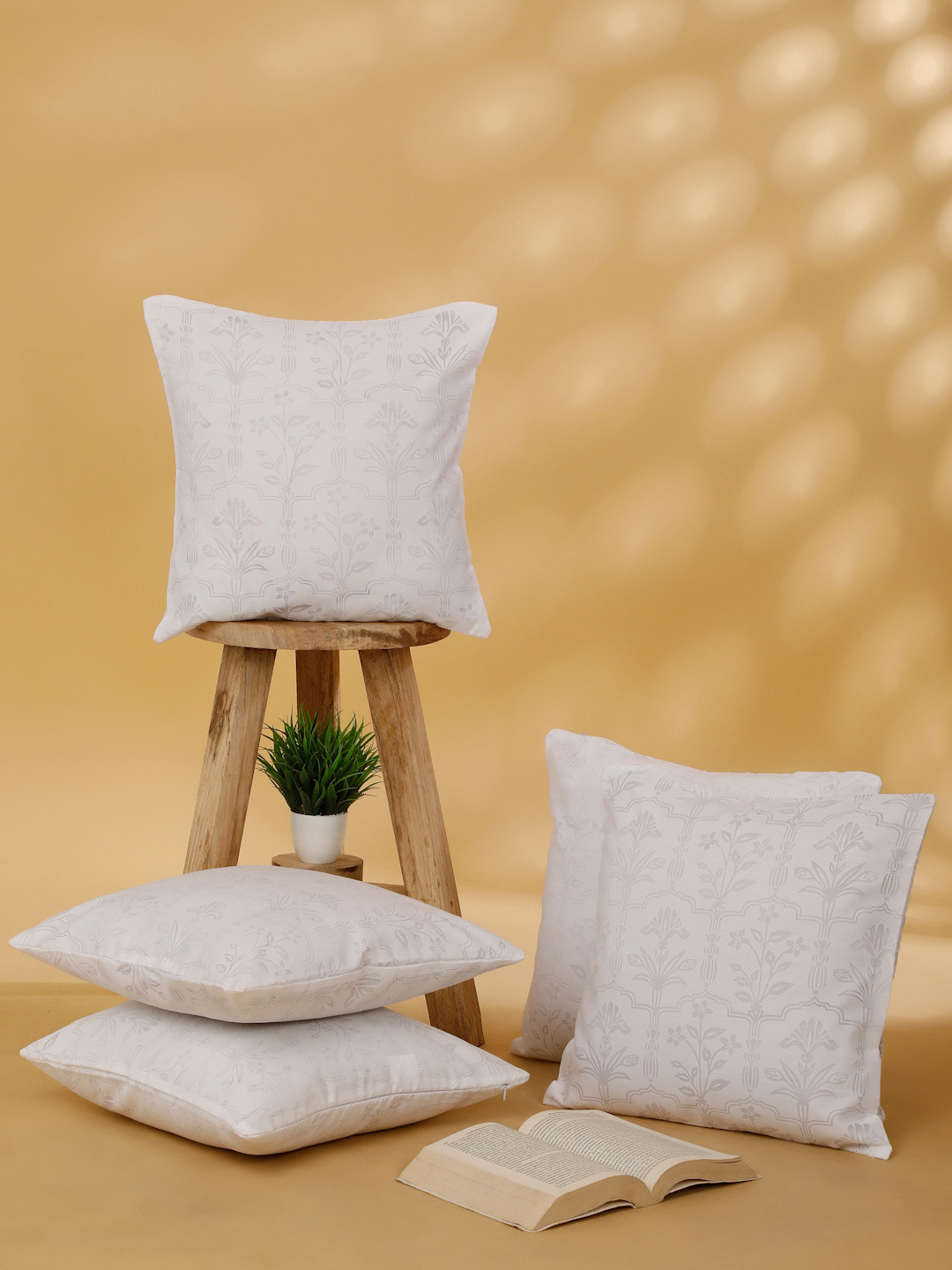 ROSARA HOME White & Gold-Toned Set of 5 Floral Square Cushion Covers
