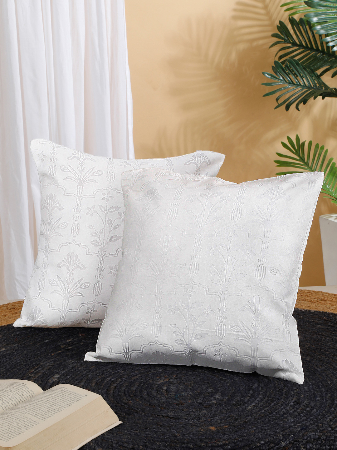 ROSARA HOME White Floral Polyester Reversible 2 Piece Square Cushion Covers -16x16In