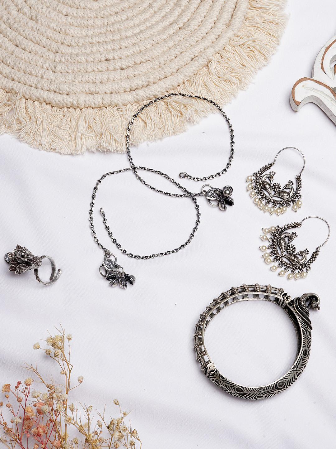 TEEJH Silver-Toned Ajastha Oxidised Jewellery Set